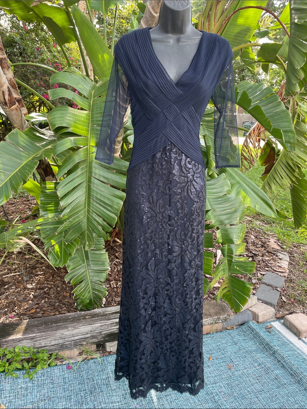 Drop waist sequin floral navy blue dress with sheer sleeves